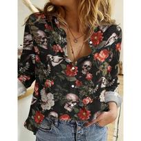 Women's Floral Skull Print Shirt, Casual Polyester Fabric, Four Seasons Cardigan Lightweight Adult Top 3XL