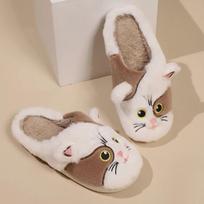 Fashion 2024 New Winter Women Lovely Cat Plush Slippers Warm Shoes Slides Cute Cartoon Cat Fuzzy Slippers Men Soft Home Cotton Shoes 44-45 juoda