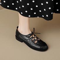 Retro low-heeled small leather shoes women's 205 new spring and autumn round head deep mouth lace-up single shoes versatile 35 juoda