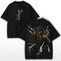 Demon Slayer Tanjiro & Zenitsu Thunder Style Vintage Washed Double-Sided Graphic T-Shirt, Oversized Anime Streetwear Tee, Unisex Casual Top L