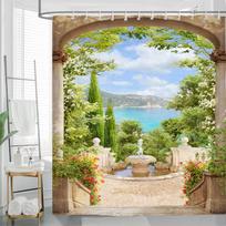 3D Kraštovaizdžio Sodo Dušo Užuolaida Su Kabliukais Gėlių Rašto Vonios Kambario Dekoratyvinė Dušo Užuolaida Vandeniui Atspari 180X 180Cm W60H190(CM)-1 Pcs