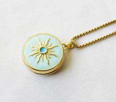 Round Sun Locket Necklace 19mm 14K Gold Plated Enamel Pendant 40cm Stainless Steel Box Chain Fashion Necklace Supply 16inches žalia