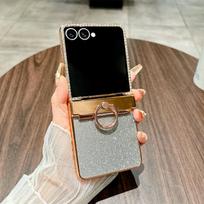 case for Samsung Z Flip 7 6 5 4 3 Electroplated glitter and rhinestone ring protective case Hinge protection Anti-Fingerprint Galaxy Z Flip7 sidabras