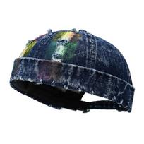 Distressed Denim Melon Skin Cap Adjustable Beanie New Docker Cap  Women tamsiai mėlyna spalva