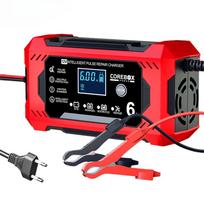 12V 6A  Full Automatic Car Battery Charger Car and Motorcycle Battery Charging Device Lead-acid Battery Smart Repair LCD Display EU Plug raudona