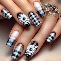 24 Pcs Checkerboard Press On Nail Medium Square False Nail White Flowers Acrylic Nail French Full Cover Stick On Nail 1