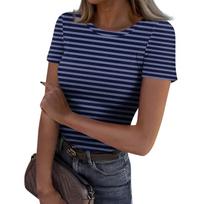 Ladies Slim Bottom T-shirt Fashion Casual   Round Neck Pullover Short Sleeve Top XXL tamsiai mėlyna spalva