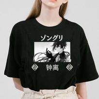 Genshin Impact Shirt Zhong Li Morax Tees Short Sleeve 100% Cotton Summer Cartoon Streetwear Print O-Neck Tops Harajuku S