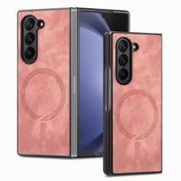 case for Samsung Z FOLD 7 6 5 4 3 Built-in wireless charging magnet retro vegan leather ultra-thin protective case full coverage Galaxy Z Fold7 rožinė