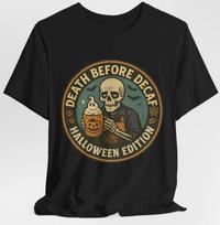 Death No Decaf Halloween Coffee T-Shirt Skeleton Pumpkin Spice Latte Tee L
