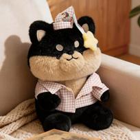 Cute Shiba Inu Plush Toy In Pink Gingham Pajamas Black Beige Soft Stuffed Dog Doll With Sleepy Hat Gift Collectible 25cm