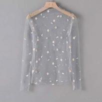 Women Sexy Mesh See Through T Shirt Perspective Flower Pattern Crop Top Long Sleeve Beach Cover Transparent T Shirt Tops Women One Size pilka