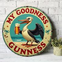 Pelican Holding Beer Metal Sign D Flat Round Wall Decor Gunness Inscription for Bar Cafe Home Outdoor 20x30cm（7.8x11.8inch）