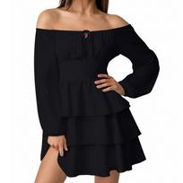 Women's Fashion Off-Shoulder Tie- Pleated Long-Sleeve Fitted -Color Short Dress L juoda