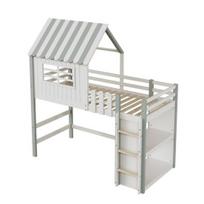 Children House Tree Bed 90x200cm High And Low for Boys Girls Home Roof Shape Bunk with Safety Ladder, Storage Compartment, Multifunctional Solid Wood žalia
