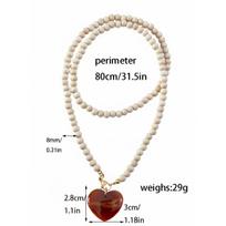Women's Bohemian Wood Bead Necklace with Amber Heart Pendant - Layered Sweater Chain Retro Ethnic Jewelry Suitable for Daily Wear Heart Beaded Necklace