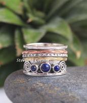 Bohemian Vintage Thai Silver Lapis Lazuli Engraved Ring Size 9 antikinės sidabrinės spalvos