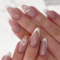 24Pcs Almond Press on Nail Flower Design French Fake Nail Acrylic False Nail,Artificial Nail Glues on Nail for Womens 1