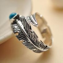 Open Ring S925 Silver Plated Vintage Thai Jewelry Synthetic Turquoise Feather Unisex Adjustable Tail Ring adjustable