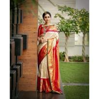 New Launch - Soft Lychee Silk Saree with Rich Pallu and All Over Jacquard Work kreminė