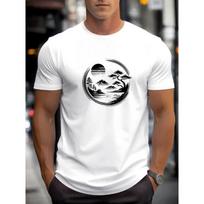 Men's Japanese-Inspired Cherry Blossom & Mount Fuji Print T-Shirt - Casual Round Neck Short Sleeve Summer Tee with Japanese Calligraphy Design S balta