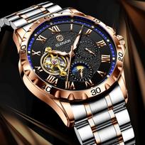 Glenaw Klasikinė plieninė apyrankė Automatinis mechaninis laikrodis 9 Laikrodis Tourbillon 24 valandų Mėnulio fazės rodymas Aukso lydinys Nerūdijantis plienas 9 clock tourbillon auksas