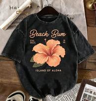 Vintage Beach Bum Graphic TShirt Washed Cotton Acid Wash Streetwear Tee Retro Island of Aloha Top Oversized Casual Summer Wear S