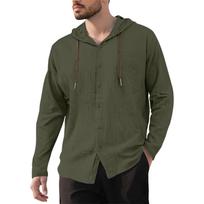 Men's Casual Cotton-Linen Hooded Button-Down Shirt L armijos žalia spalva