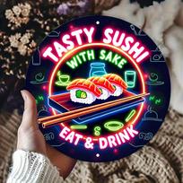 pc  Japanese cuisine round aluminum sign Sushi Village metal wall art for home garage restaurant and cafe wall decor signs 20x20cm(8x8inch)