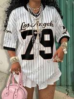Summer New Los Angeles 79 Print Stripe T-shirt For Women V-Neck Short Sleeve Tees Sports Football Jersey Y2K Loose Oversized Top 2XL
