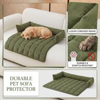 Checkered Corduroy Pet Bed with Bolster for Dogs and Cats One Size žalia