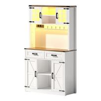 Kitchen Cabinet Bar with LED Light And Electrical Outlets, Large Buffet 2 Drawers, Barn Door Design, Adjustable Shelves, Rustic Coffee Sideboard balta