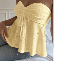 Women's Strapless Sleeveless Tube Top Slim Fit Sexy Solid Eyelet Tie Front Camisole S