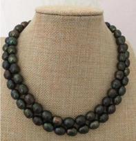 Double strands 9-10mm tahitian black green baroque pearl necklace 18 19