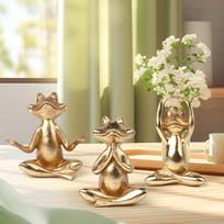 Set of 3 Gold Yoga Frog Figurines Modern  Living Room Desk Table Home Office Bookshelf Decoration Animal Statue Resin Ornaments beige