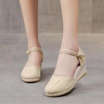 Patchwork Moteriški Lininiai pleištiniai Espadrilės Sandalai 6 cm Aukštakulniai Vasariniai Elegantiški Moteriški Batai Juoda Raudona Balta Smėlio spalvos 35 smėlis