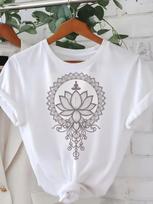 Women's Soft Breathable Mandala for Lotus Print T-Shirt -Casual Fit for Summer  Spring - White with Intricate Black for Lotus Design S balta
