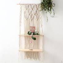 Rankų darbo makramė sieninė lentyna Boho patalpų virvės pakabos laikiklis, 44x90cm Log color plank beige