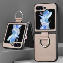 case for Samsung Z Flip 7 6 5 4 3 Foldable screen lychee-textured ring drop protection case full coverage Anti-Fingerprint Galaxy Z Flip7 chaki