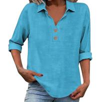Flash Promo-Women's linen top with three-quarter sleeves, casual and elegant V-neck pullover, button-down shirt Blue M
