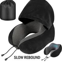 Memory Foam Hooded U-Shaped Travel Pillow with Detachable Cover Portable Neck Support for Airplane Office Nap Car and Home Use 25x23x15cm juoda
