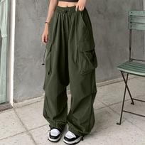 Women's Wide-Leg Athletic Pants With Multiple Pockets, Drawstring And Tapered Ankles L armijos žalia spalva