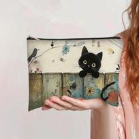 Cute Black Cat Paw Floral Storage Bag, Soft Washable Zippered Organizer, Dual-Purpose Makeup Pouch and Pencil Case