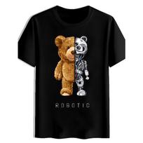 Men'S Cool Half Teddy Bear Half Robot Graphic T-Shirt Crew Neck Tee with Robotic Text Print Casual Streetwear Top for Tech And Toy Lovers Black S juoda