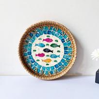 Creative Gift Shell Mosaic Round Woven Tray Home Decor Decorative Rattan Serving Tray Handmade Boho Table Tray