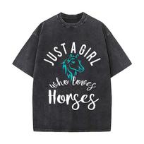 Horse  Loving Girl Hobby Art Casual Washed Distressed T Shirt Vintage Minimal Short Sleeve Top S