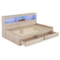 Flat Bed Daybed, 90x200cm Sofa Bed, Bedside Cabinet, with 2 USB And Charging Sockets, Youth Ambient Lighting, Two Drawers, Slatted Frame (without