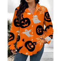 Women's Long Sleeve Shirt, Halloween Style Printed Shirt with Pumpkin and Elements Bright Orange Casual Shirt Comfortable S