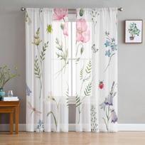 Flower Petals Ladybird Dragonfly Insect Sheer Curtains for Living Room Modern Voile Curtain Bedroom Tulle Curtains Window Drapes W135 x H114cm white