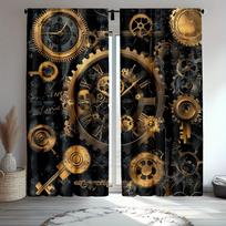 2 vnt. Steampunk Vintažiniai Meniniai Užuolaidų Rinkinys - Industrialinis Juodas Su Auksiniais Dantračiais ir Laikrodžio Dizainu   Pusiau Skaidrus Poliesteris   Mašina W 100*130 Rod Pocket 1pcs brown
